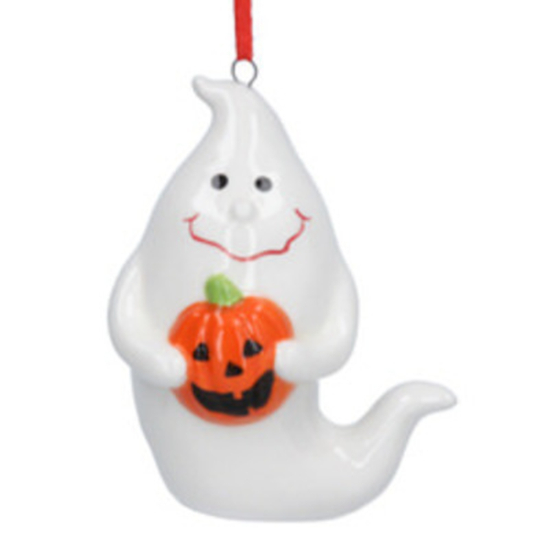 Ceramic Ghost Hanging Halloween Decoration Gisela Graham This cute ceramic white ghost and pumpkin hanging decoration is perfect for Halloween. This Halloween decoration is perfect to decorate your house this Halloween and will scare your trick or treaters. Made by London based designer Gisela Graham who designs really beautiful and unusual decorations and gifts for your home.ÊWould also make a lovely gift.